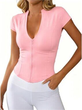 Zip Up Crop Top V Neck Cap Sleeve Slim Fit Athletic Yoga Shirt